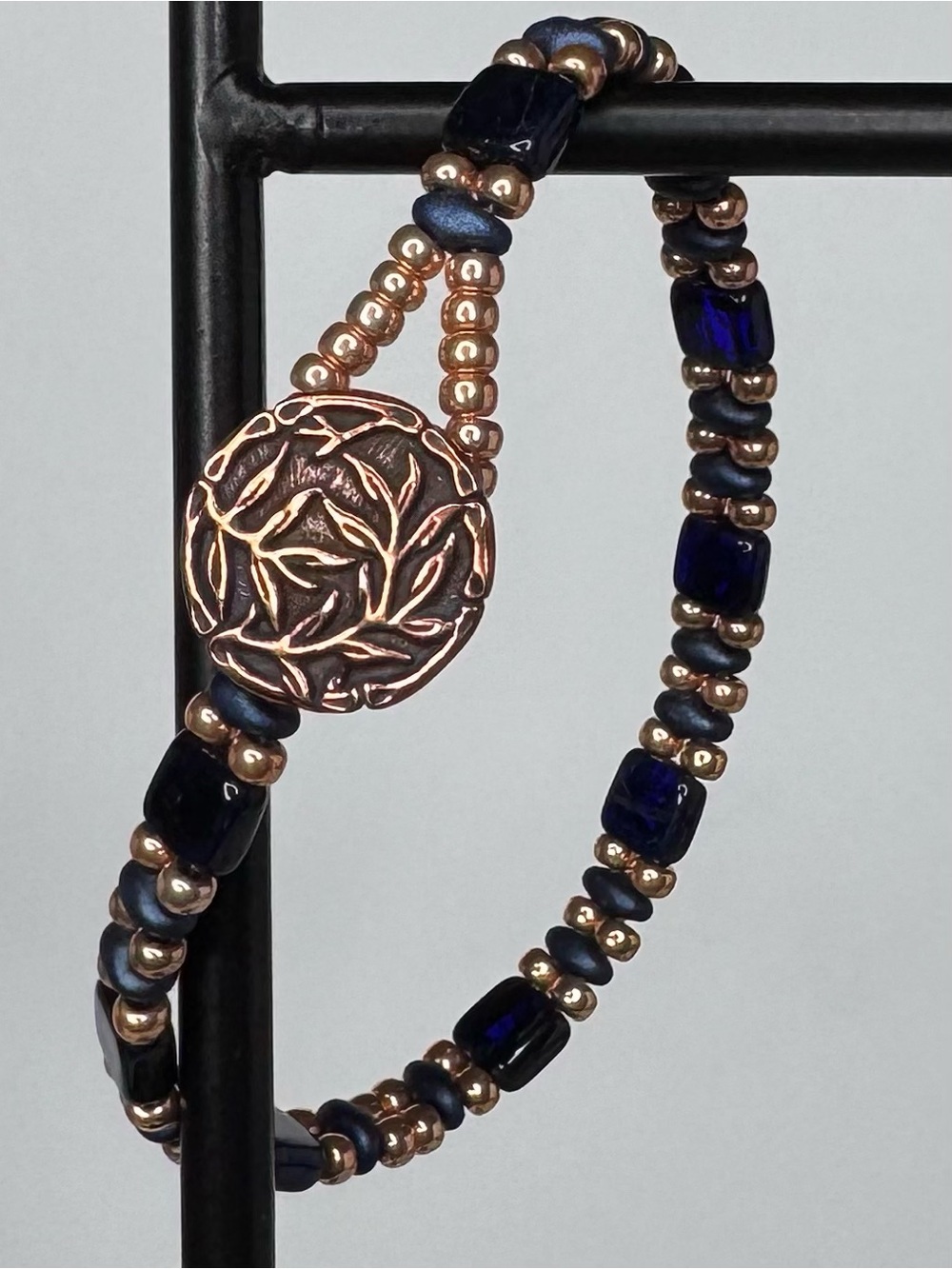 Hand Crafted Navy Blue and Rose Gold CzechMates Beaded Bracelet Matte Blue NWT